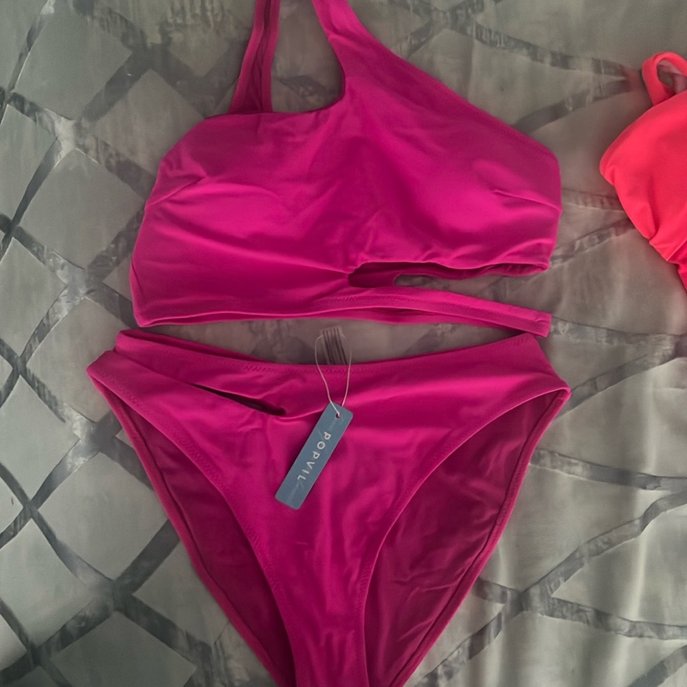 Brand New - 2 Piece one shoulder hot pink bathing suit by PopVil Size M